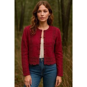 VTG  SMH Boutique Wine Suede Leather Crochet Trim Jacket Sz M Boho Romantic
